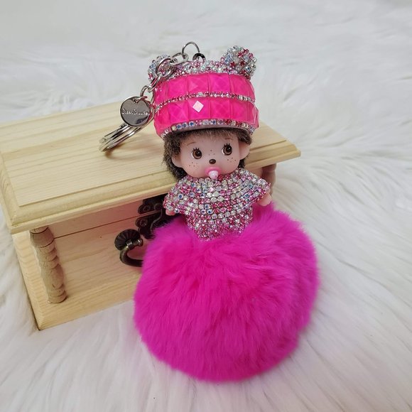 GreenSnooker Monchichi Rabbit Fur Fuchsia Keychain, Bag Pendant - Picture 7 of 10